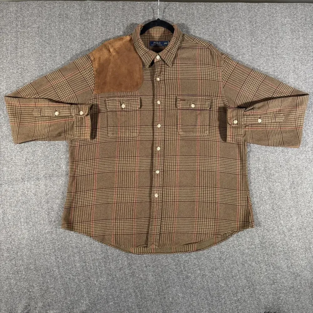 Polo Ralph Lauren Hunting Shirt Mens XXL Brown Plaid Flannel Suede Houndstooth